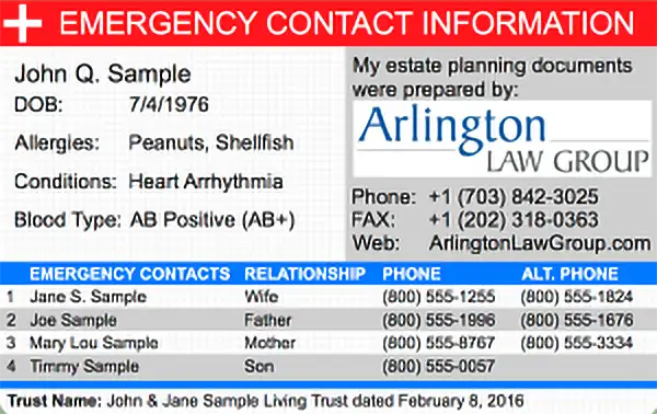 Arlington Law Sample Emergency Card